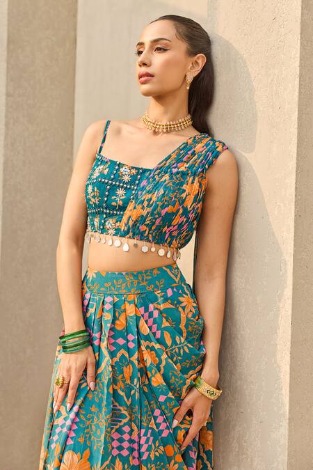 Buy_Diyarajvvir_Blue Crepe, Georgette Abstract Floral Print Crop Top And Draped Skirt Set _Online_at_Aza_Fashions