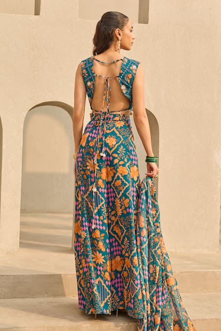 Shop Diyarajvvir Blue Georgette Embroidery, Sequins Round Neck Abstract Floral Print Sharara Set at Aza Fashions Shop_Diyarajvvir_Blue Georgette Embroidery, Sequins Round Neck Abstract Floral Print Sharara Set _at_Aza_Fashions