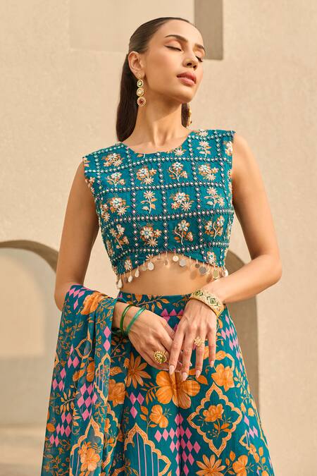 Diyarajvvir Blue Georgette Embroidery, Sequins Round Neck Abstract Floral Print Sharara Set Online at Aza Fashions Diyarajvvir_Blue Georgette Embroidery, Sequins Round Neck Abstract Floral Print Sharara Set _Online_at_Aza_Fashions
