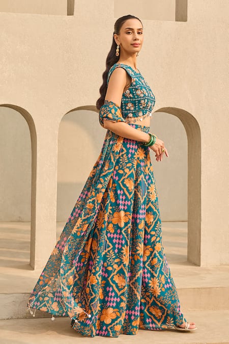 Buy Diyarajvvir Blue Georgette Embroidery, Sequins Round Neck Abstract Floral Print Sharara Set Online at Aza Fashions Buy_Diyarajvvir_Blue Georgette Embroidery, Sequins Round Neck Abstract Floral Print Sharara Set _Online_at_Aza_Fashions