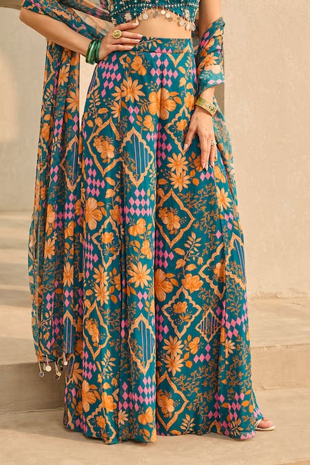 Shop Diyarajvvir Blue Georgette Embroidery, Sequins Round Neck Abstract Floral Print Sharara Set Online at Aza Fashions Shop_Diyarajvvir_Blue Georgette Embroidery, Sequins Round Neck Abstract Floral Print Sharara Set _Online_at_Aza_Fashions