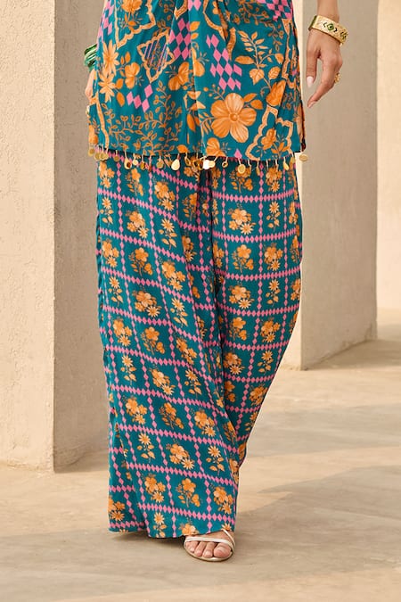 Diyarajvvir_Blue Crepe V-neck Abstract Floral Print Kurta And Palazzo Set _Online_at_Aza_Fashions