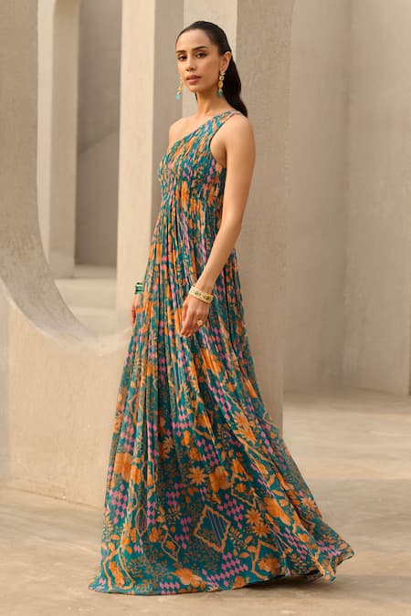 Diyarajvvir_Blue Georgette One Shoulder Abstract Floral Print Dress _Online_at_Aza_Fashions