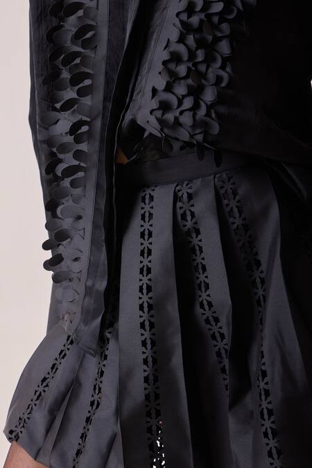 Needleten_Black Taffeta Cut Work Laser Pleated Skirt _Online_at_Aza_Fashions