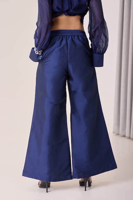 Needleten_Blue Taffeta Straight Flared Palazzo  _Online_at_Aza_Fashions
