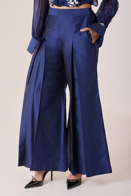 Buy_Needleten_Blue Taffeta Straight Flared Palazzo  _Online_at_Aza_Fashions