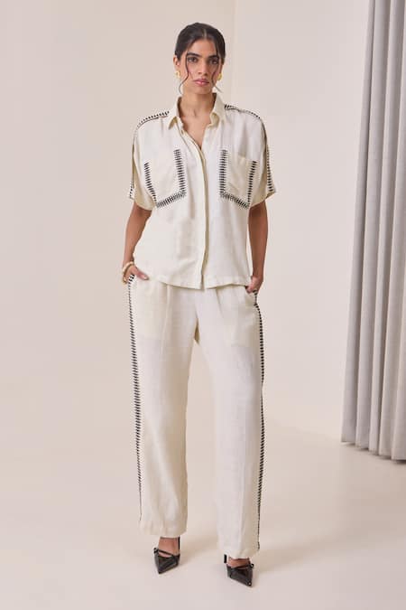 Needleten Embroidered Linen Trouser 