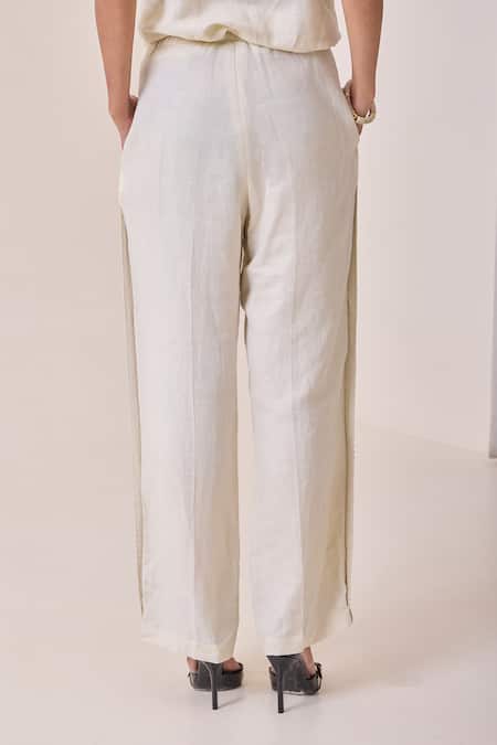 Needleten_Beige Linen Embroidery Trouser _Online_at_Aza_Fashions