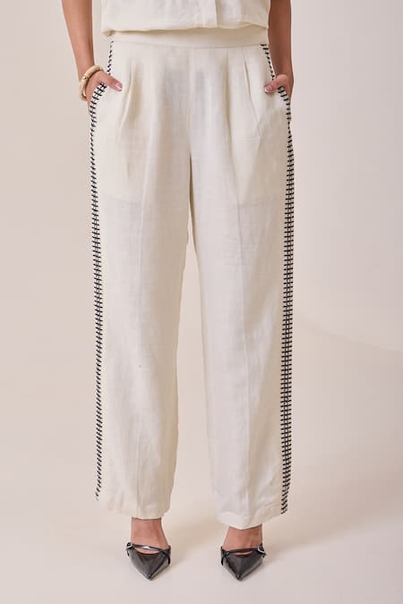 Needleten Embroidered Linen Trouser 
