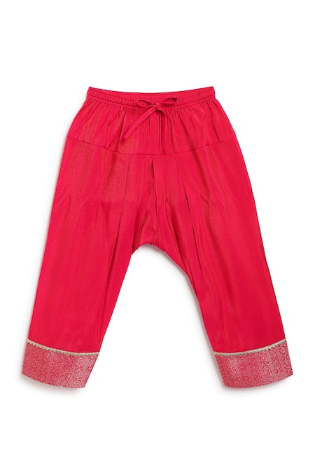 Shop Tiber Taber Red Viscose, Brocade, Polyester Lace, Embroidery Woven Kurta With Salwar Shop_Tiber Taber_Red Viscose, Brocade, Polyester Lace, Embroidery Woven Kurta With Salwar