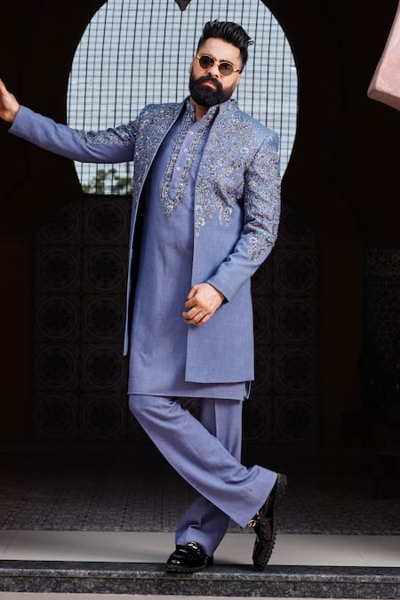 Buy_Courtyard By Abhi_Blue Lycra Sequins, Embroidery, Zari Indo-western Jacket Kurta Set _Online_at_Aza_Fashions