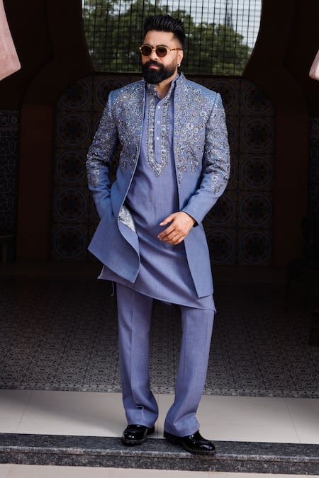 Shop_Courtyard By Abhi_Blue Lycra Sequins, Embroidery, Zari Indo-western Jacket Kurta Set _Online_at_Aza_Fashions