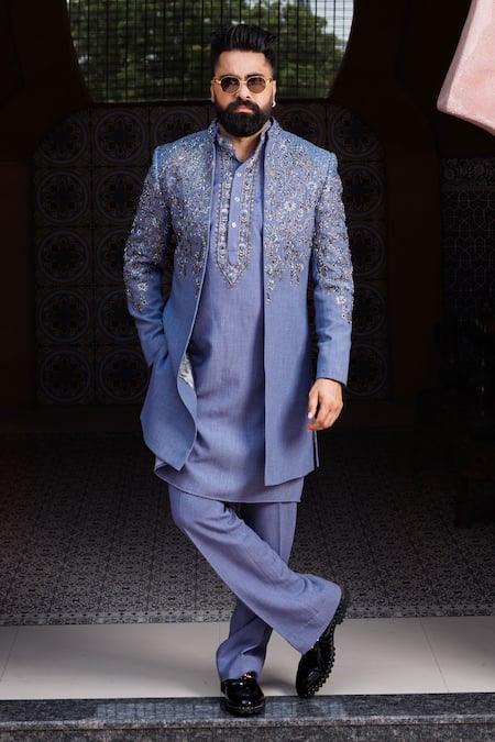 Courtyard By Abhi_Blue Lycra Sequins, Embroidery, Zari Indo-western Jacket Kurta Set _at_Aza_Fashions