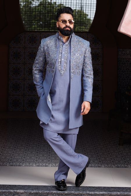 Buy_Courtyard By Abhi_Blue Lycra Sequins, Embroidery, Zari Indo-western Jacket Kurta Set 