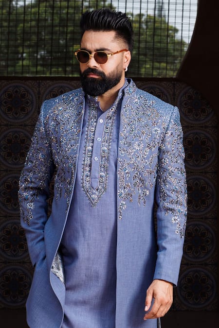Shop_Courtyard By Abhi_Blue Lycra Sequins, Embroidery, Zari Indo-western Jacket Kurta Set 