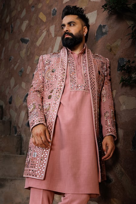 Buy_Courtyard By Abhi_Pink Lycra Mirrors, Embroidery Handcrafted Jacket Kurta Set _Online_at_Aza_Fashions
