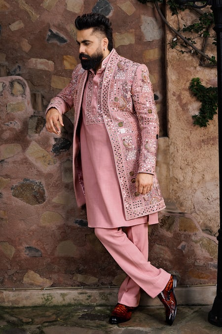 Shop_Courtyard By Abhi_Pink Lycra Mirrors, Embroidery Handcrafted Jacket Kurta Set _Online_at_Aza_Fashions