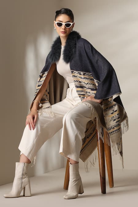 Dusala_Beige Open Neck Jacquard Pattern Fringed Hem Cape _Online_at_Aza_Fashions