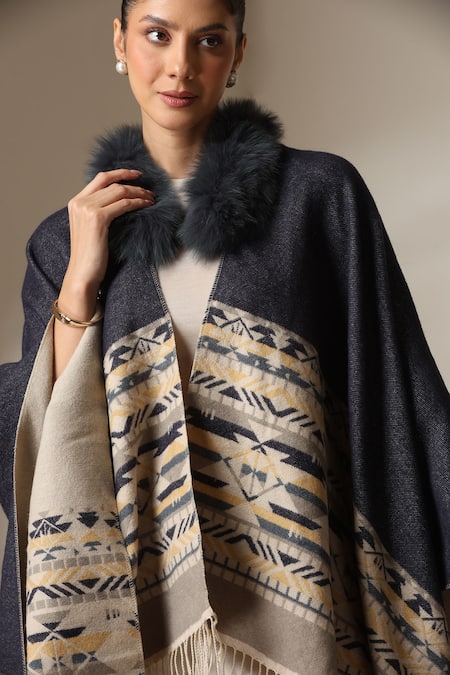 Shop_Dusala_Beige Open Neck Jacquard Pattern Fringed Hem Cape _Online_at_Aza_Fashions
