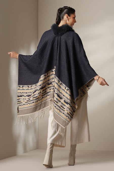 Dusala Jacquard Pattern Fringed Hem Cape 
