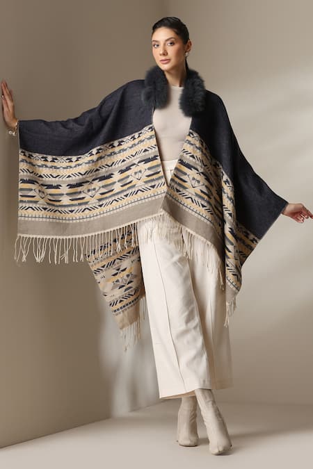 Dusala Jacquard Pattern Fringed Hem Cape 