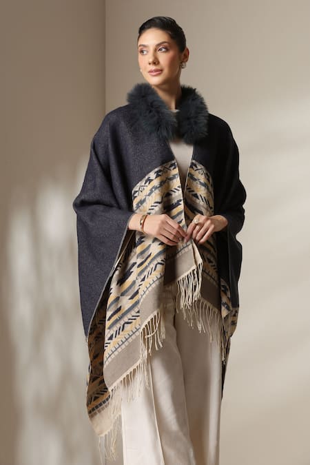 Dusala_Beige Open Neck Jacquard Pattern Fringed Hem Cape _at_Aza_Fashions