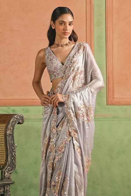 Buy_Lashkaraa_Grey Tissue, Crepe Sequins, Zari, Embroidery V-neck Saree With Blouse _Online_at_Aza_Fashions