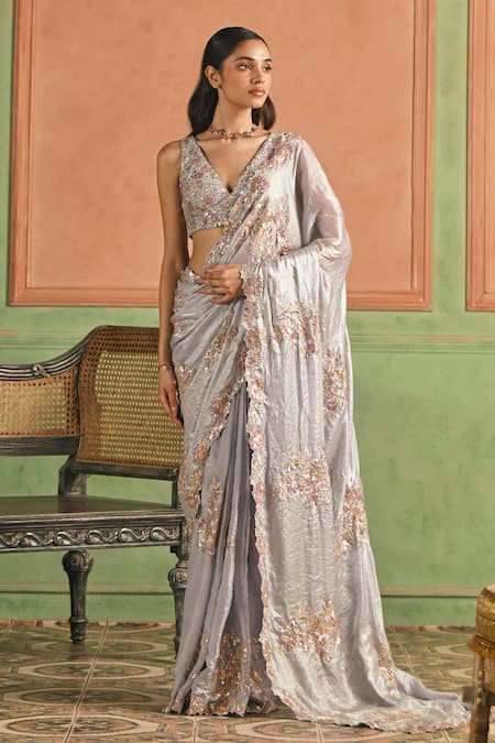 Shop_Lashkaraa_Grey Tissue, Crepe Sequins, Zari, Embroidery V-neck Saree With Blouse _Online_at_Aza_Fashions