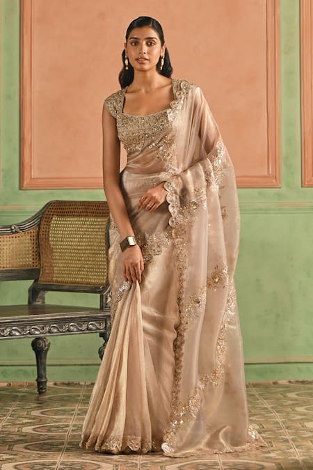 Buy_Lashkaraa_Beige Silk, Satin Sequins, Zari, Scalloped Border Pre-draped Saree With Blouse _Online_at_Aza_Fashions