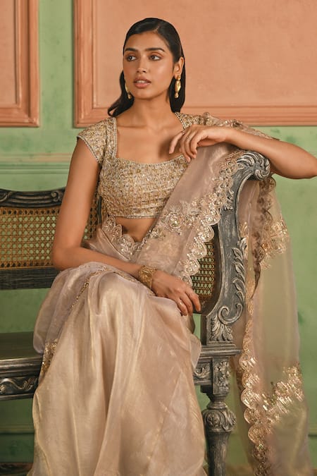 Shop_Lashkaraa_Beige Silk, Satin Sequins, Zari, Scalloped Border Pre-draped Saree With Blouse _Online_at_Aza_Fashions