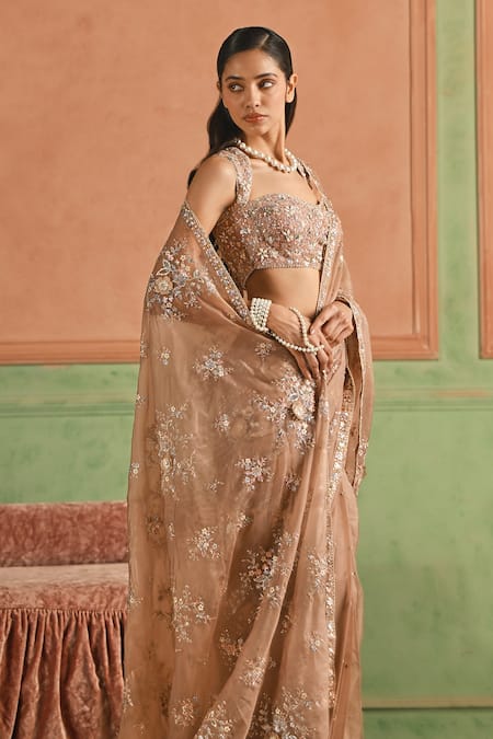 Buy_Lashkaraa_Rose Gold Organza Embroidery, Floral Pattern Pre-draped Saree With Blouse _Online_at_Aza_Fashions
