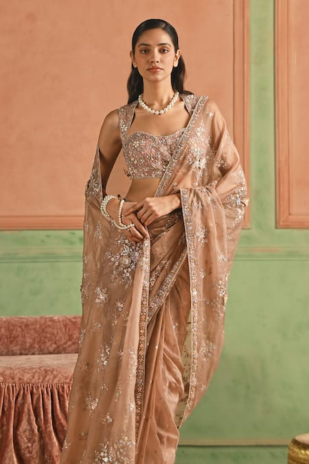 Shop_Lashkaraa_Rose Gold Organza Embroidery, Floral Pattern Pre-draped Saree With Blouse _Online_at_Aza_Fashions