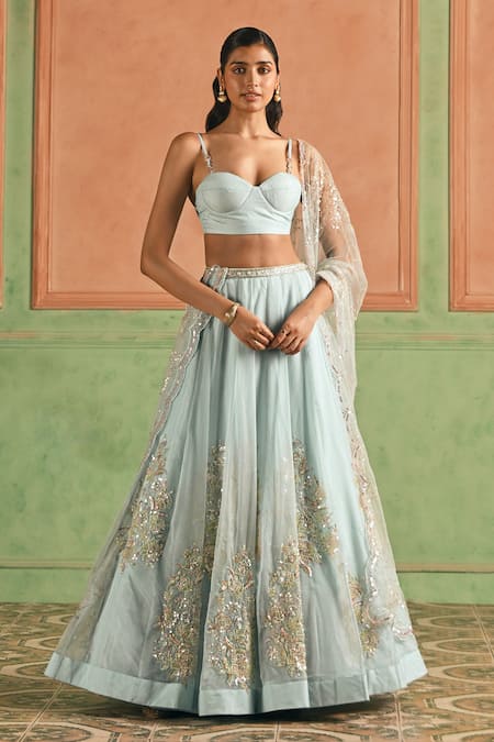 Shop Lashkaraa Blue Organza Sequins, Zari, Beads, Embroidery Sweetheart Floral Lehenga Set Online at Aza Fashions Shop_Lashkaraa_Blue Organza Sequins, Zari, Beads, Embroidery Sweetheart Floral Lehenga Set _Online_at_Aza_Fashions