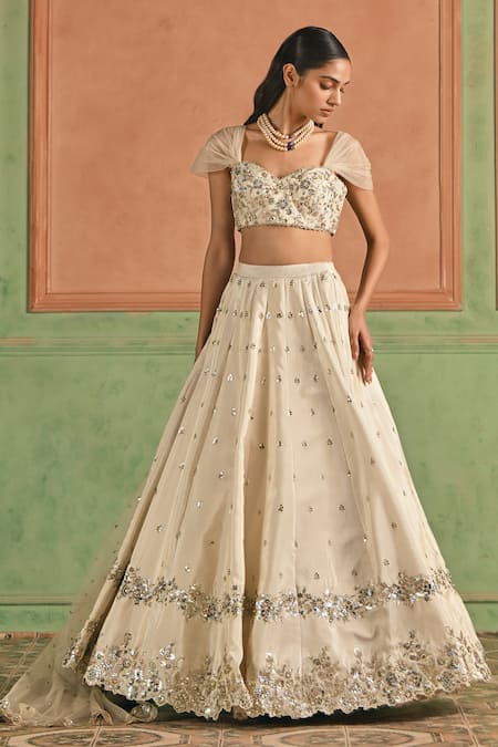 Shop_Lashkaraa_Cream Viscose, Tissue Sequins, Zari, Embroidery Sweetheart Neck Lehenga Set _Online_at_Aza_Fashions