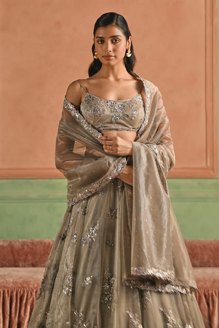 Buy_Lashkaraa_Grey Net, Shantoon Sequins, Zari, Stones, Embroidery Floral Lehenga Set _Online_at_Aza_Fashions