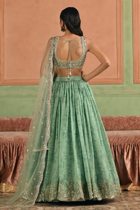 Lashkaraa_Green Tissue, Shantoon, Net Sequins, Embroidery V-neck Cording Lehenga Set _Online_at_Aza_Fashions