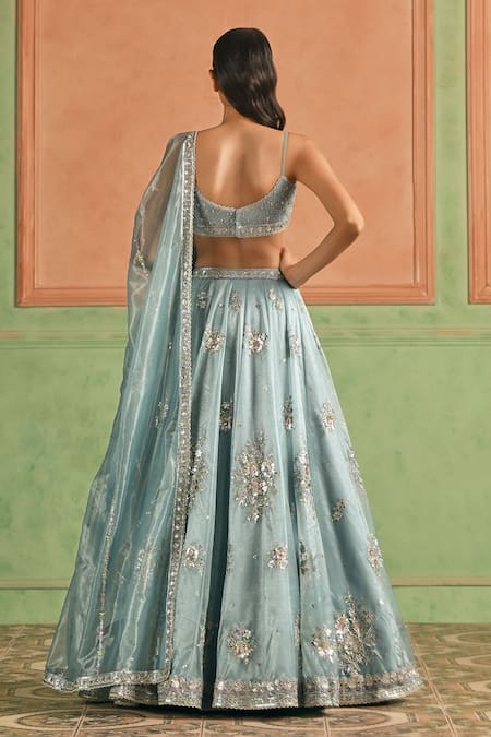 Lashkaraa_Blue Net, Crepe Mirrors, Zari, Embroidery Scoop Neck Lehenga Set _Online_at_Aza_Fashions