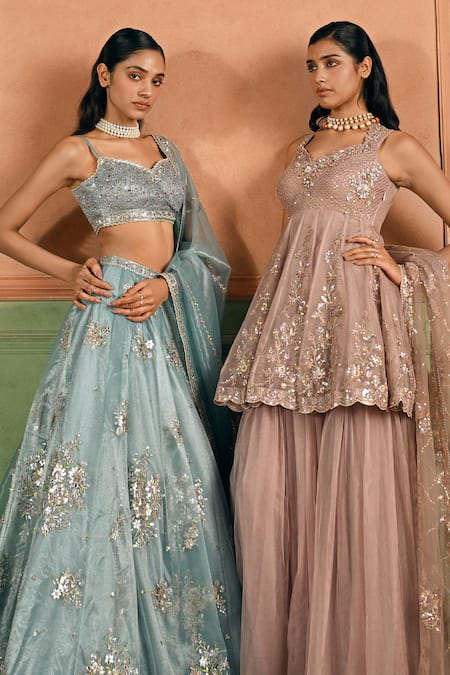 Buy_Lashkaraa_Blue Net, Crepe Mirrors, Zari, Embroidery Scoop Neck Lehenga Set _Online_at_Aza_Fashions