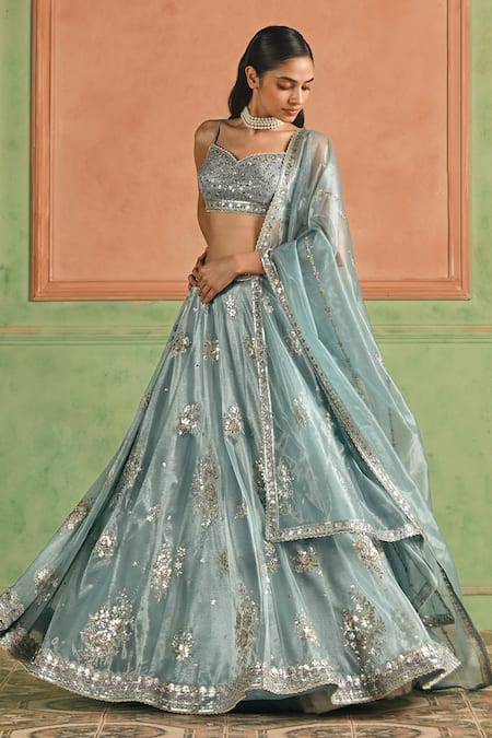 Lashkaraa_Blue Net, Crepe Mirrors, Zari, Embroidery Scoop Neck Lehenga Set _at_Aza_Fashions