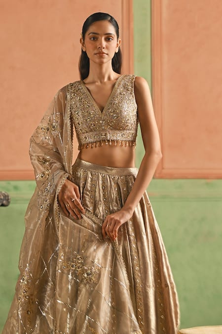 Lashkaraa_Gold Silk, Net Sequins, Zari, Embroidery V-neck Foil Lehenga Set _at_Aza_Fashions