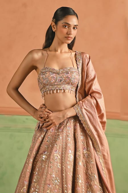 Buy_Lashkaraa_Pink Silk, Shantoon, Brocade Sequins, Embroidery, Zari Floral Lehenga Set _Online_at_Aza_Fashions