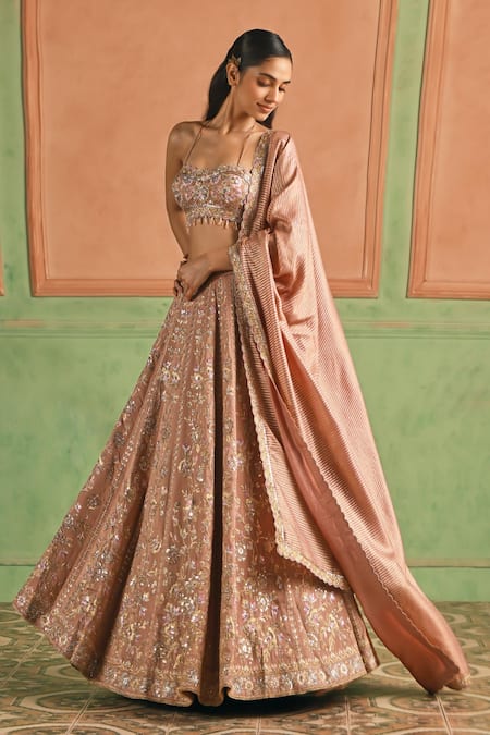 Shop_Lashkaraa_Pink Silk, Shantoon, Brocade Sequins, Embroidery, Zari Floral Lehenga Set _Online_at_Aza_Fashions
