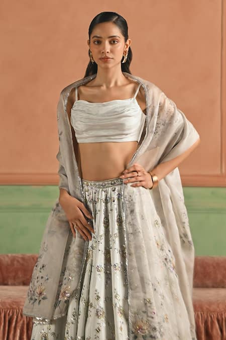 Buy_Lashkaraa_Grey Tissue, Satin, Net Beads, Sequins, Embroidery Sweetheart Beaded Lehenga Set _Online_at_Aza_Fashions