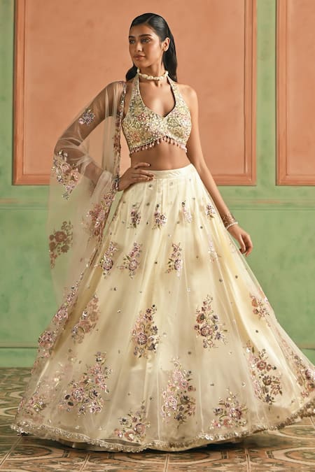 Lashkaraa Ivory Net, Satin Zari, Sequins, Embroidery Halter Neck, Lehenga Set at Aza Fashions Lashkaraa_Ivory Net, Satin Zari, Sequins, Embroidery Halter Neck, Lehenga Set _at_Aza_Fashions