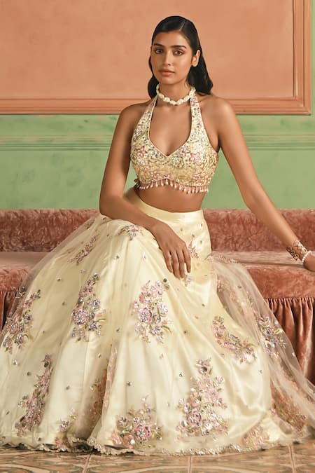 Buy Lashkaraa Ivory Net, Satin Zari, Sequins, Embroidery Halter Neck, Lehenga Set Buy_Lashkaraa_Ivory Net, Satin Zari, Sequins, Embroidery Halter Neck, Lehenga Set