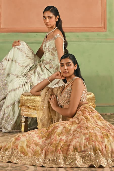 Shop_Lashkaraa_Cream Net, Shantoon Zari, Sequins, Embroidery Floral Pattern Lehenga Set _Online_at_Aza_Fashions