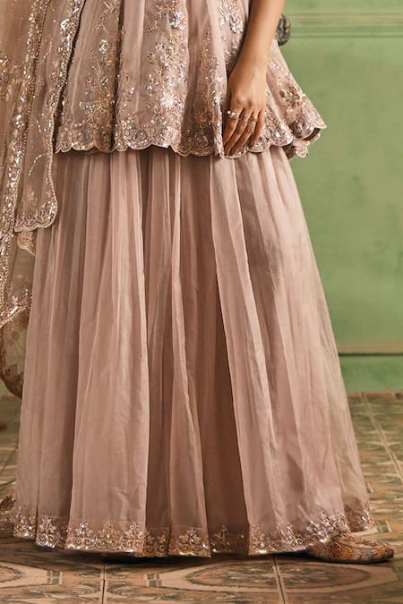 Buy_Lashkaraa_Pink Organza, Shantoon, Net Embroidery, Sequins, Zari Peplum Kurta Sharara Set _Online_at_Aza_Fashions