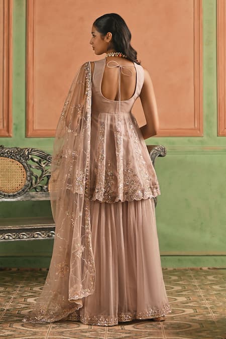 Lashkaraa_Pink Organza, Shantoon, Net Embroidery, Sequins, Zari Peplum Kurta Sharara Set _Online_at_Aza_Fashions