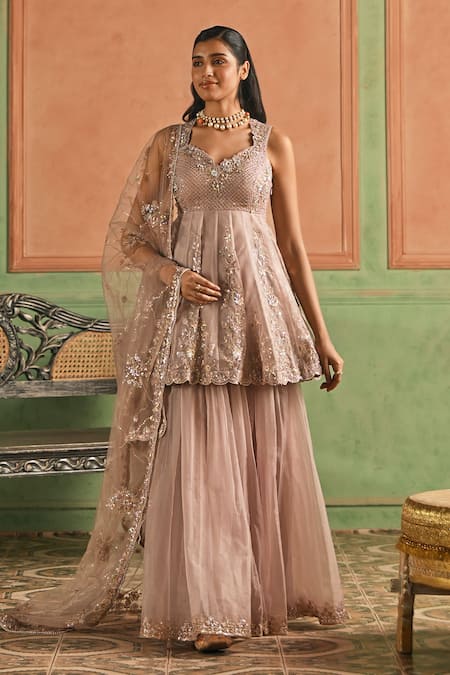 Lashkaraa_Pink Organza, Shantoon, Net Embroidery, Sequins, Zari Peplum Kurta Sharara Set _at_Aza_Fashions