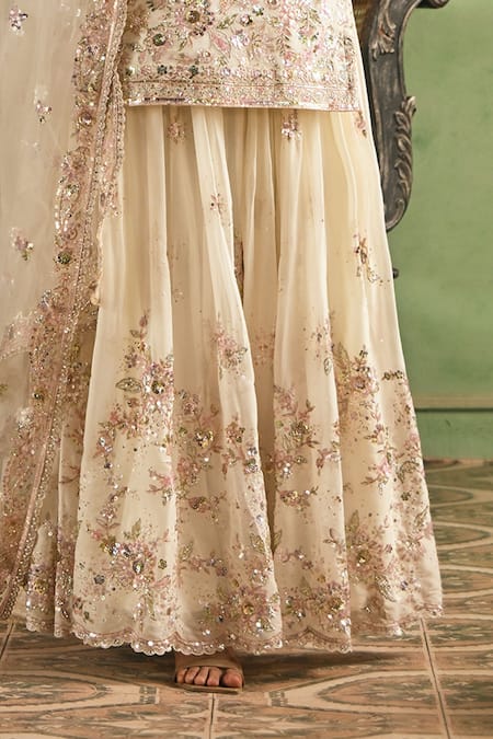 Buy_Lashkaraa_Off White Georgette, Net Embroidery, Sequins, Butti Pattern Kurta Sharara Set _Online_at_Aza_Fashions